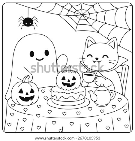 halloween, coloring page, ghost, cat, pumpkin, spider web, spider, cake, teapot, tea, table, hearts, vampire, cape, fangs, smile, cute, cartoon, drawing, outline