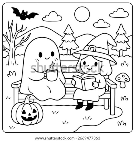 a halloween coloring page with a ghost and a witch sitting on a bench in a spooky landscape.
