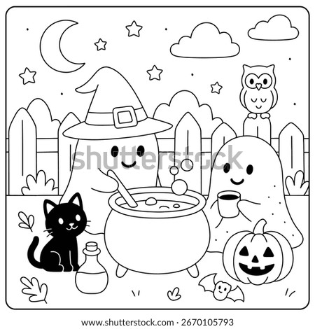 a halloween coloring page with ghosts, a cat, and a pumpkin. it is a cute and spooky design.