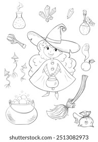 Halloween coloring page. Girl in a witch halloween costume and spooky elements. Cartoon vector magic outline art. Hand drawn illustration with a kid, magic potion, broom, cauldron, poisoned apple