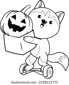 Halloween coloring page with with husky for kids 