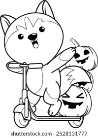 Halloween coloring page with with husky for kids 