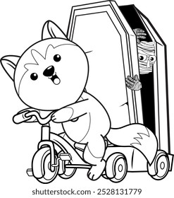 Halloween coloring page with with husky for kids 