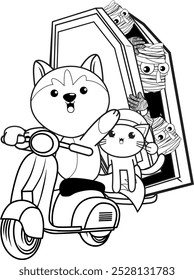 Halloween coloring page with with husky for kids 