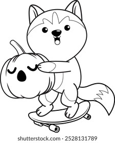 Halloween coloring page with with husky for kids 