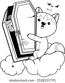 Halloween coloring page with with husky for kids 