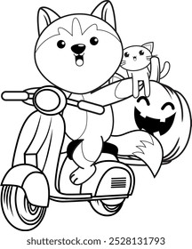 Halloween coloring page with with husky for kids 