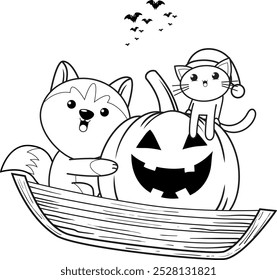 Halloween coloring page with with husky for kids 