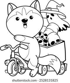 Halloween coloring page with with husky for kids 