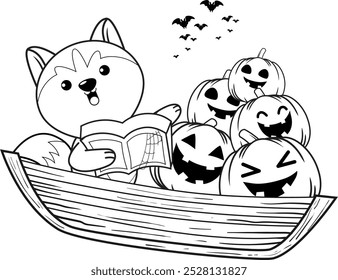 Halloween coloring page with with husky for kids 