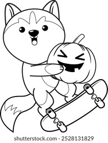 Halloween coloring page with with husky for kids 