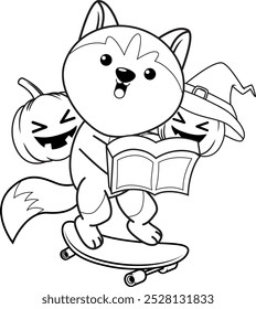 Halloween coloring page with with husky for kids 