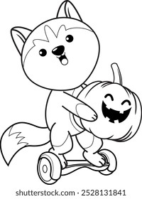 Halloween coloring page with with husky for kids 