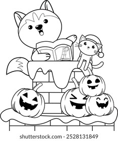 Halloween coloring page with with husky for kids 