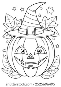 Halloween coloring page Jack-O-Lantern with a witch's hat, autumn leaves, stars