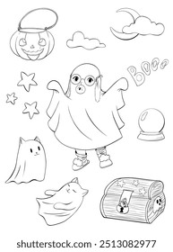 Halloween coloring page. Kid in a ghost halloween costume and spooky elements. Cartoon vector magic outline clip art. Trendy hand drawn illustration with a child, pumpkin, cat, boo