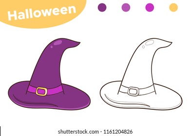 Halloween coloring page for kids. Cartoon witch magic hat. Doodle style. Vector illustration