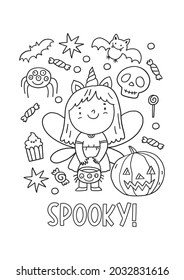 Halloween coloring page for kids. Cartoon children in Halloween costumes. Cute children, witch, dracula, pumpkin, bat, zombie, mummy, cat. Trick or Treat coloring page. 