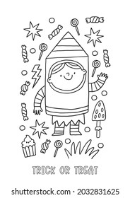 Halloween coloring page for kids. Cartoon children in Halloween costumes. Cute children, witch, dracula, pumpkin, bat, zombie, mummy, cat. Trick or Treat coloring page. 