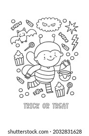 Halloween coloring page for kids. Cartoon children in Halloween costumes. Cute children, witch, dracula, pumpkin, bat, zombie, mummy, cat. Trick or Treat coloring page. 