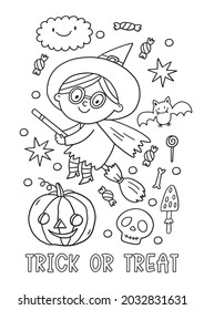 Página de coloreo de Halloween para niños. Niños de caricatura con disfraces de Halloween. Niños, brujas, draculas, calabaza, murciélago, zombie, momia, gato. página de colorear truco o trato. 