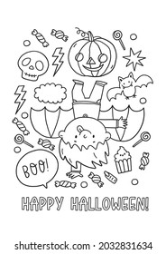 Halloween coloring page for kids. Cartoon children in Halloween costumes. Cute children, witch, dracula, pumpkin, bat, zombie, mummy, cat. Trick or Treat coloring page. 