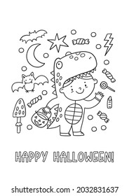 Halloween coloring page for kids. Cartoon children in Halloween costumes. Cute children, witch, dracula, pumpkin, bat, zombie, mummy, cat. Trick or Treat coloring page. 