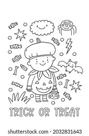 Halloween coloring page for kids. Cartoon children in Halloween costumes. Cute children, witch, dracula, pumpkin, bat, zombie, mummy, cat. Trick or Treat coloring page. 