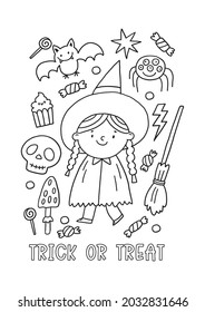 Halloween coloring page for kids. Cartoon children in Halloween costumes. Cute children, witch, dracula, pumpkin, bat, zombie, mummy, cat. Trick or Treat coloring page. 