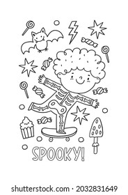 Halloween coloring page for kids. Cartoon children in Halloween costumes. Cute children, witch, dracula, pumpkin, bat, zombie, mummy, cat. Trick or Treat coloring page. 