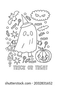 Halloween coloring page for kids. Cartoon children in Halloween costumes. Cute children, witch, dracula, pumpkin, bat, zombie, mummy, cat. Trick or Treat coloring page. 