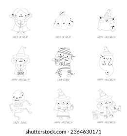 Halloween coloring page for kids. Cartoon children in Halloween costumes. Cute children, witch, dracula, pumpkin, bat, mummy, frog,ghost, skeleton