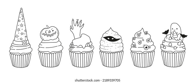 Halloween coloring page for kids. Halloween cupcakes. Witch, pumpkin, bat, zombie, mummy, Trick or treat coloring page. Vector illustration