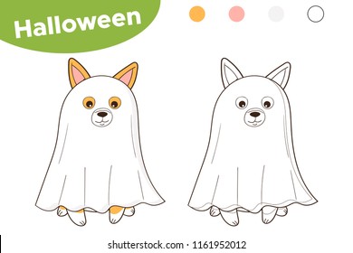 Halloween coloring page for kids. Cute cartoon dog dressed up as a ghost. Vector illustration