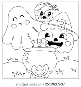 Halloween coloring page for kids. Cute line art, book page ghost, pumpkin Jack, witch, candy, night, potion. Suitable for printing.