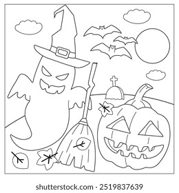 Dibujo de Halloween para colorear para niños. Lindo arte de línea, libro de fantasma de página, calabaza Jack, bruja, caramelo, noche, poción. Adecuado para la impresión.