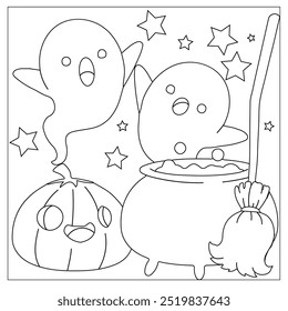 Halloween coloring page for kids. Cute line art, book page ghost, pumpkin Jack, witch, candy, night, potion. Suitable for printing.