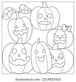 Halloween coloring page for kids. Cute line art, book page ghost, pumpkin Jack, witch, candy, night, potion. Suitable for printing.
