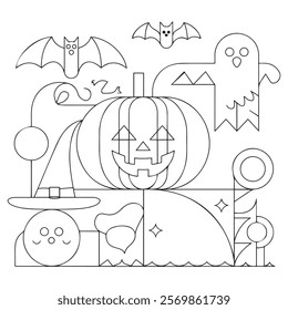 Halloween coloring page for kids. Cute line art, book page ghost, pumpkin Jack, witch, candy, night, potion. Suitable for printing.
