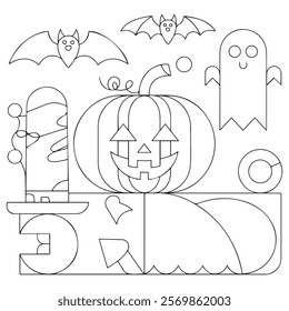 Halloween coloring page for kids. Cute line art, book page ghost, pumpkin Jack, witch, candy, night, potion. Suitable for printing.
