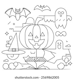 Halloween coloring page for kids. Cute line art, book page ghost, pumpkin Jack, witch, candy, night, potion. Suitable for printing.
