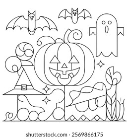 Halloween coloring page for kids. Cute line art, book page ghost, pumpkin Jack, witch, candy, night, potion. Suitable for printing.
