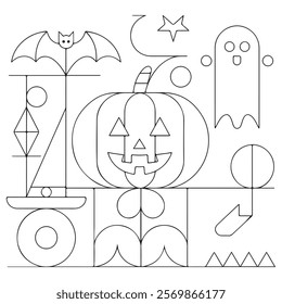 Halloween coloring page for kids. Cute line art, book page ghost, pumpkin Jack, witch, candy, night, potion. Suitable for printing.
