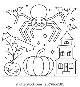 Halloween coloring page for kids. Cute line art, book page ghost, pumpkin Jack, witch, candy, night, potion. Suitable for printing.
