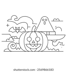 Halloween coloring page for kids. Cute line art, book page ghost, pumpkin Jack, witch, candy, night, potion. Suitable for printing.
