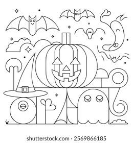 Halloween coloring page for kids. Cute line art, book page ghost, pumpkin Jack, witch, candy, night, potion. Suitable for printing.
