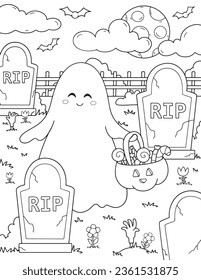 Halloween coloring page for kids. Trick or Treat. Ghost with sweets, cemetery. Cartoon children in Halloween costumes. Cute children, witch, dracula, pumpkin, bat, zombie, mummy, crypts with pumpkins