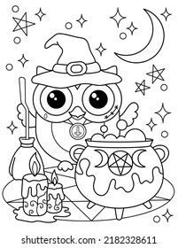 Halloween coloring page. Owl witch in a hat with a cauldron and a broom. Nice black and white coloring book.