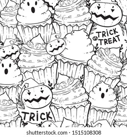 Halloween coloring page pattern. Background with halloween cupcakes, cream, bat, pumpkin, witches hat. Holiday antistress for adults and children. Pattern for Holiday party