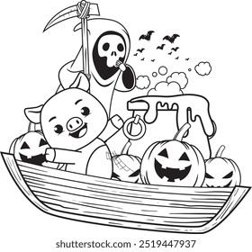 Halloween coloring page with pig for kids